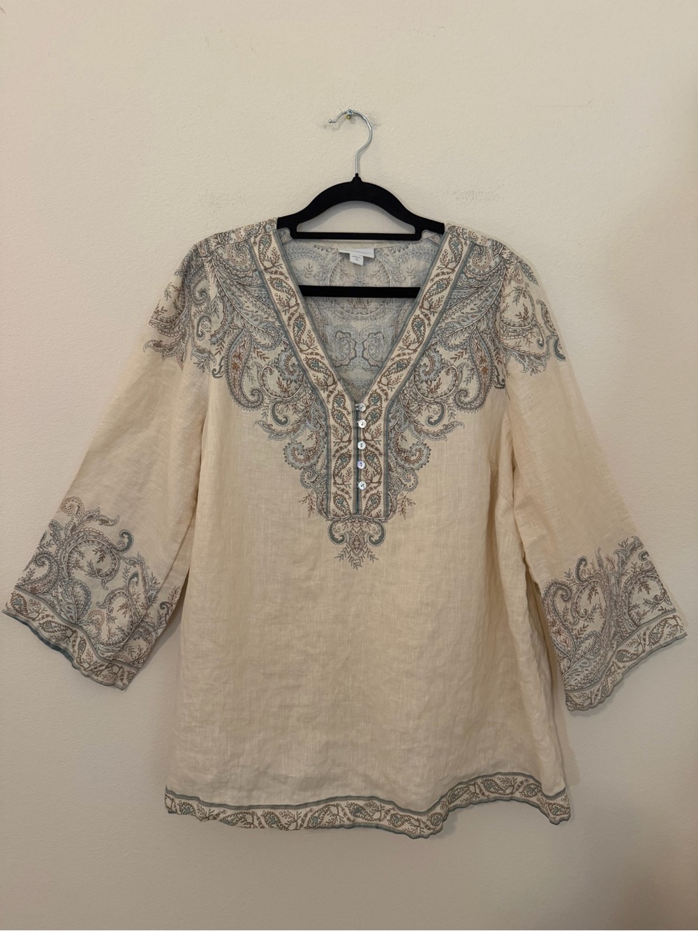J. Jill Cream 100% Linen Tunic Blouse Paisley Size Medium TALL Boho Summer